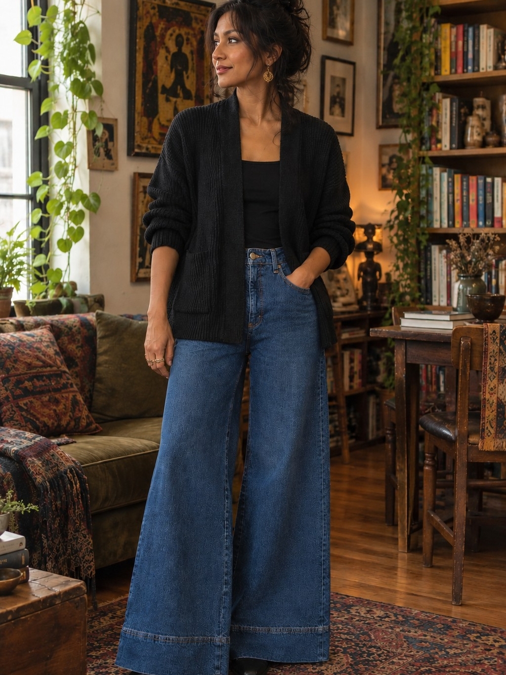 Black Open-Front Ribbed Cardigan with Pockets